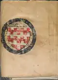 Malovaný obal sedmé knihy brněnské řady moravských zemských desk, Knihy Ctibora z Cimburka z let 1385–1392. Tzv. mluvící znak pánů z Cimburka (cimbuří)