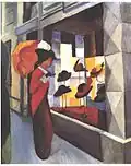 Obchod s klobouky, 1914, 60,5×50,5 cm, Museum Folkwang, Essen. Dílo se považuje za nejvydařenější ze série dam před výklady s klobouky