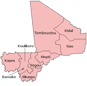 8 regionů Mali (před rokem 2016, kdy byly ustanoveny Taoudénit a Ménaka