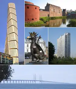 Koláž obsahuje (z horního levého rohu doprava) Turning Torso, hrad Malmöhus, sochu gryfa, Kronprinsen a most Oresund
