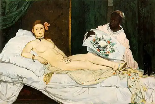 Édouard Manet, Olympia, 1863. Manet byl Velázquezem silně ovlivněn a v Olympii se jasně projevuje vliv jeho Venušiny toalety.