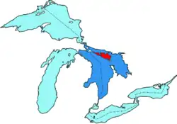 Mapa Velkých jezer, červeně vyznačen Manitoulin