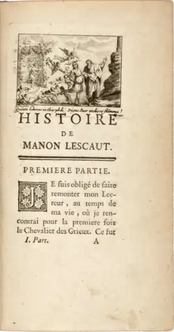 Rytina Hubert François Gravelot na první stránce původního vydání Manon Lescaut, 1753.