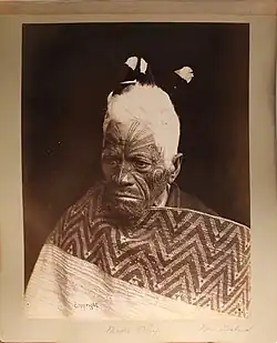 Maori chief, Teroro Tamatu, poses against a plain background. He has short, white hair decorated with feathers and extensive