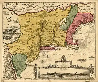 Mapa Nového Nizozemí a jeho okolí z roku 1656. Na okrajích mapy je zobrazen i Nový Amsterdam a dvě indiánské osady