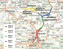 Mapa plánovaných variant vodního koridoru Dunaj–Odra–Labe