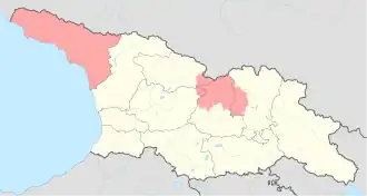 Mapa Gruzie, na níž je růžově zvýrazněná Jižní Osetie a Abcházie