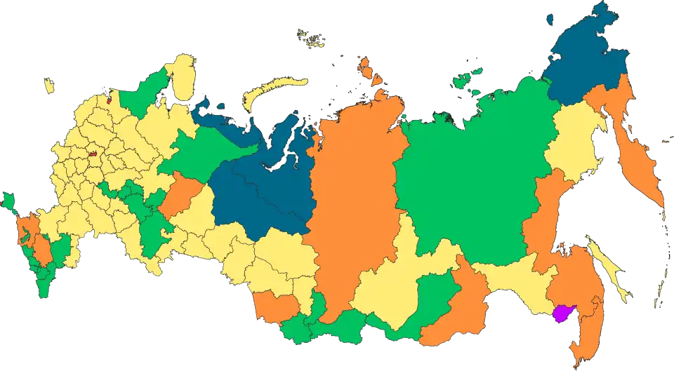 Kategorie subjektů (po anexi Krymu):      Republiky (21+1)      Kraje (9)      Oblasti (46)      Federální města (2+1)      Autonomní oblast (1)      Autonomní okruhy (4)
