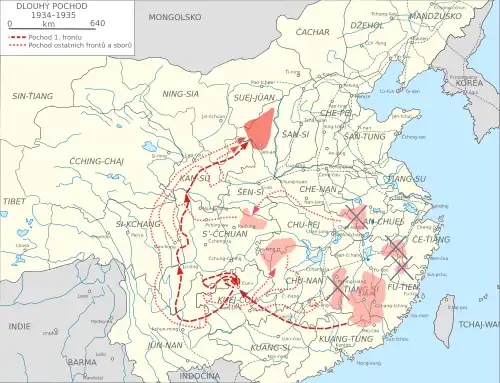 mapa číny s vyznačenými provinciemi a velkými řekami, sovětskými oblastmi ve střední a jižní Číně a na severozápadě a trasou tažení Dlouhého pochodu z Ťiang-si na západ a pak na sever do Šen-si