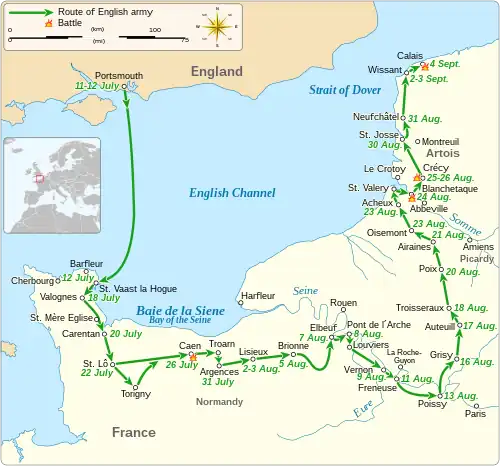 Mapa jihovýchodní Anglie a severovýchodní Francie s vyznačením trasy anglické armády