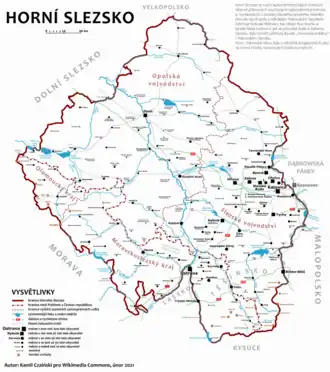 Mapa Horního Slezska (chápaného jako bývalý vládní obvod Opolí + Rakouské Slezsko)