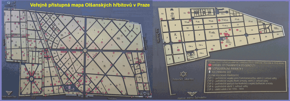 Veřejně přístupná orientační tabule se zjednodušenou mapou Olšanských hřbitovů v Praze