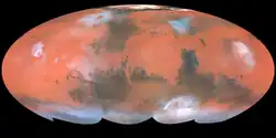 Mapa Marsu z Hubbleova dalekohledu okolo roku 1999 (sever nahoře)