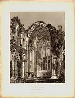 Gravírování východního konce opatství z „baronských a církevních starožitností Skotska“ (RW Billings, ca 1850)