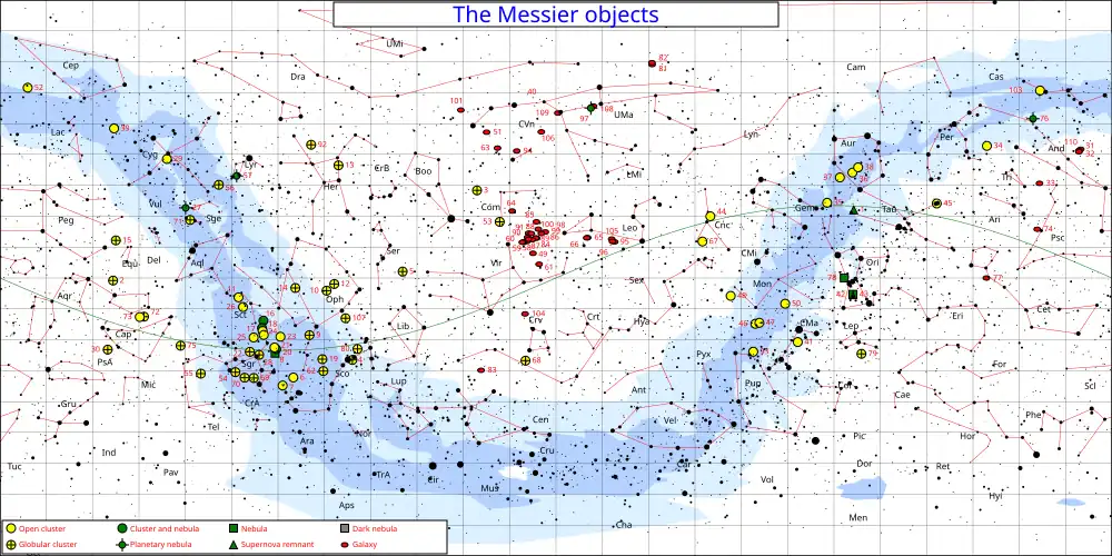 Mapa hvězdné oblohy s vyznačením poloh objektů Messierova katalogu