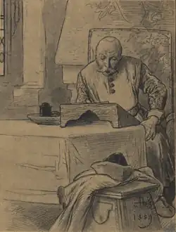 Mikoláš Aleš: Šašek z Meziboře píše své paměti (ilustrace z knihy Z Čech až na konec světa A. Jiráska)