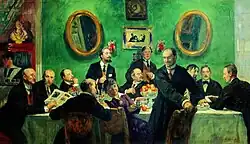 B. M. Kustodijev. Skupinový portrét umělců společnosti "Svět umění", 1916–1920. Ruské státní muzeum
