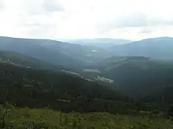 Lesní hora vpravo dole (s četnými pasekami)