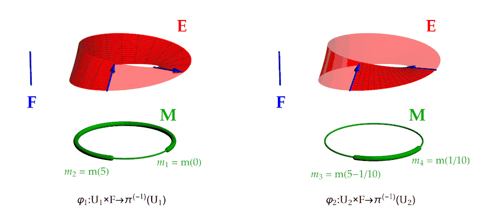 Obr. 3: Möbiova páska spolu s lokálními trivializacemi. Vlevo je zobrazeno okolí '"`UNIQ--postMath-000000D8-QINU`"' bázové variety '"`UNIQ--postMath-000000D9-QINU`"' coby tlustší úsek kružnice ohraničený body '"`UNIQ--postMath-000000DA-QINU`"' a '"`UNIQ--postMath-000000DB-QINU`"'. Odpovídající kus Möbiovy pásky, který je zobrazen na toto okolí a vlákno pomocí lokální trivializace '"`UNIQ--postMath-000000DC-QINU`"', je pak vyobrazen sytou barvou. Trivializace přitom působí takovým způsobem, že daný úsek pásky je zobrazen na "obdélník" '"`UNIQ--postMath-000000DD-QINU`"'. Mřížka pokrývající daný úsek Möbiovy pásky je tak působením lokální trivializace "narovnána" na pravoúhlou mřížku pokrývající obdélník '"`UNIQ--postMath-000000DE-QINU`"'. Vpravo je pak možno vidět analogickou situaci pro okolí '"`UNIQ--postMath-000000DF-QINU`"' s trivializací '"`UNIQ--postMath-000000E0-QINU`"'. Povšimněme si i směrů šipek ohraničujících dané úseky Möbiovy pásky.
