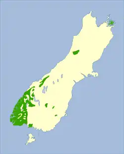 Mapa Jižního ostrova se zeleně vyznačeným areálem rozšíření