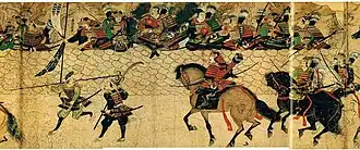 Japonští samurajové bránící kamennou bariéru u Hakaty.[1]