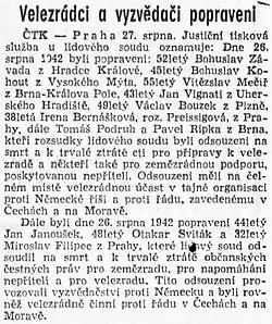 Článek v protektorátní Moravské orlici informující o popravě Ireny Bernáškové a dalších odsouzených odbojářů dne 26.8.1942