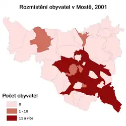 Rozmístění obyvatelstva v Mostě podle základních sídelních jednotek.