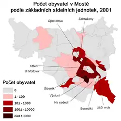Rozmístění obyvatelstva v Mostě podle základních sídelních jednotek.