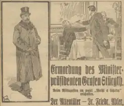 Friedrich Adler útočí na Karla von Stürgkha (první strana Illustrierte Kronen Zeitung, 22. října 1916)