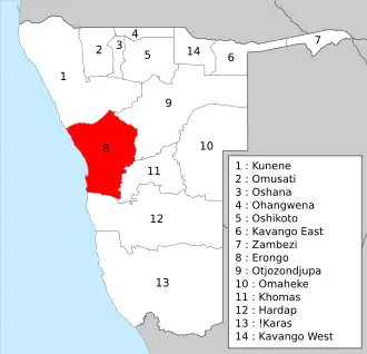 Poloha regionu Erongo na mapě Namibie