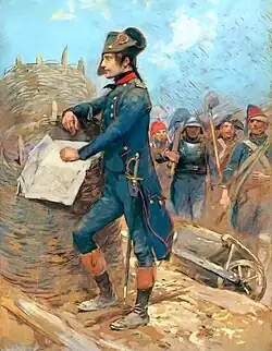 Celek důstojníka – Napoleona, který hledí mimo obraz, přičemž stojí na zabláceném dřevěném můstku a opírá se o velké koše na koše, nakterých si druhou rukou přidržuje rozloženou mapu. V pozadí pochoduje několik vojáků s lopatami.