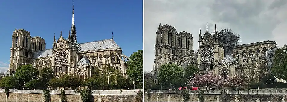 Katedrála Notre-Dame před požárem (vlevo) a po požáru (vpravo)