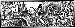 Louny na Willenbergově kalendáři z roku 1607. Vysoká věž je středověká Žatecká brána, před ní barbakán