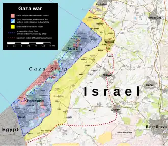 Mapa ukazující Pásmo Gazy (červeně), evakuované území (žlutě), největší postup palestinských ozbrojenců (červená přerušovaná linie) a postup Izraelských pozemních sil (modře)