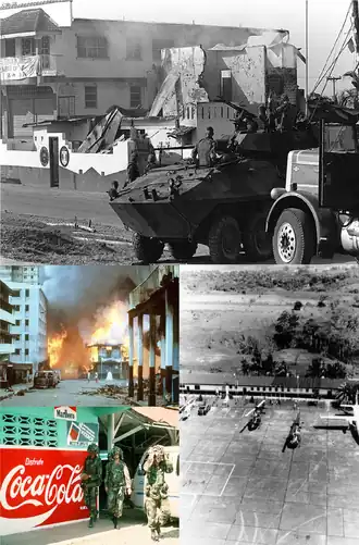 Po směru hodinových ručiček shora: Mariňáci na stráži se svým LAV-25, letadlo zaparkované na letišti Tocumen, Tři američtí vojáci procházejí kolem restaurace, plameny zachvacují čtvrť Panama City