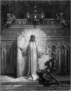 Ilustrace Gustava Dorého k eposu Zuřivý Roland od Ludovica Ariosta z roku 1877, na které ke klečícímu Rolandovi promlouvá stojící dívka