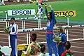 Vyhlášení vítězek skoku o tyči (zleva): stříbrná Kateřina Baďurová, zlatá Jelena Isinbajevová a bronzová Světlana Feofanovová.