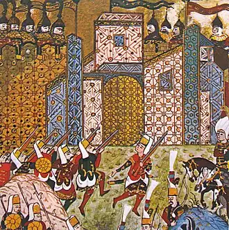 Janičáři bojující proti rytířům johanitům, kteří jsou vyobrazeni ve východním brnění, během obléhání Rhodu v roce 1522