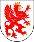 znak Pomoří v odlišném designu, červený gryf na stříbrném poli