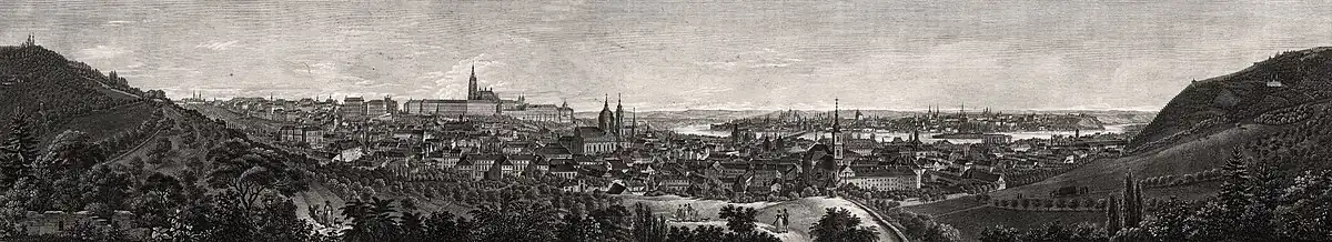 Panorama Prahy z Schönbornské zahrady okolo roku 1835. Dle kresby českého krajináře a vedutisty Vincence Morstadta vyryl Friedrich Geissler.[42]