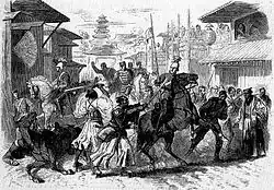 Útok v Kjótu na britského vyslance v Japonsku Harryho Parkese, otištěno ve vydání Le Monde Illustré z 13. června 1868