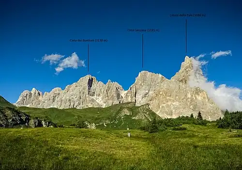 pohled na Cimon della Pala z Passo Rolle