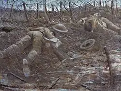 Těla dvou mrtvých britských vojáků ležících tváří k zemi; Okolo nich leží na zemi poházené jejich věci – puška, přilby, brašna. Všude na obrazu jsou ostnaté dráty.
