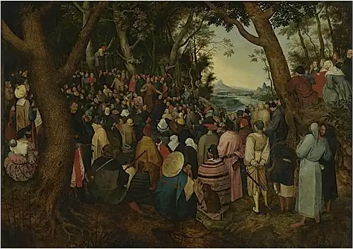 Kázání Jana Křtitele, kopie obrazu jeho otce, Pieter Brueghel mladší, po 1616, Groeningemuseum v Brugách, vynechal vousatého muže v černé barvě, otočil se k divákovi v originále