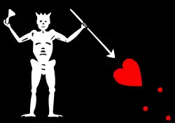 Pirátská vlajka často nazývaná Jolly Roger. Její užití je povětšinou připisováno Černovousovi.