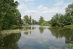 Plavecké jezero, vyfotografované od jihu z hráze Strakova jezera