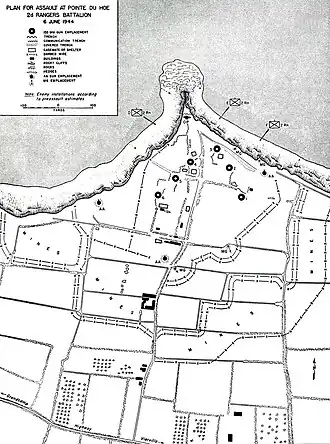Mapa Pointe du Hoc, zobrazující německé instalace a to, co se považovalo za umístění 155mm děl
