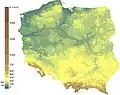 Hypsometrické znázornění reliéfu Polska pomocí barevné hypsometrie