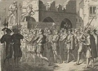 Poprava Jakuba Fikara z Vratu a dalších stavovských vzbouřenců na Hradčanech roku 1547 (ilustrace J. Scheiwla, Česko-moravská kronika, 1881