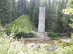 V zalesněné krajině proudí potok Bílá Desná, na jehož břehu stojí osamocená šoupátková věž. Za ní je patrný val hráze Protržené přehrady.